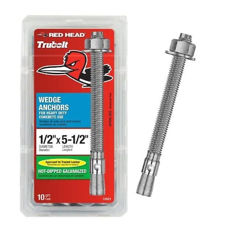 Red Head Wedge Anchor, 1/2" Dia., 5-1/2" L, Hot Dipped Galvanized, 10 PK 12021
